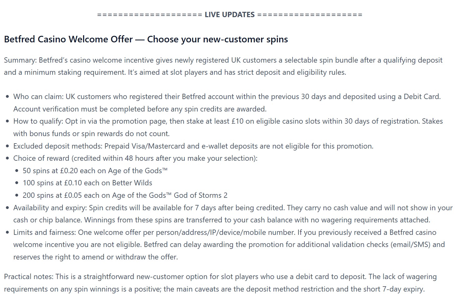 Live example of BizzyBees updating casino promotions content